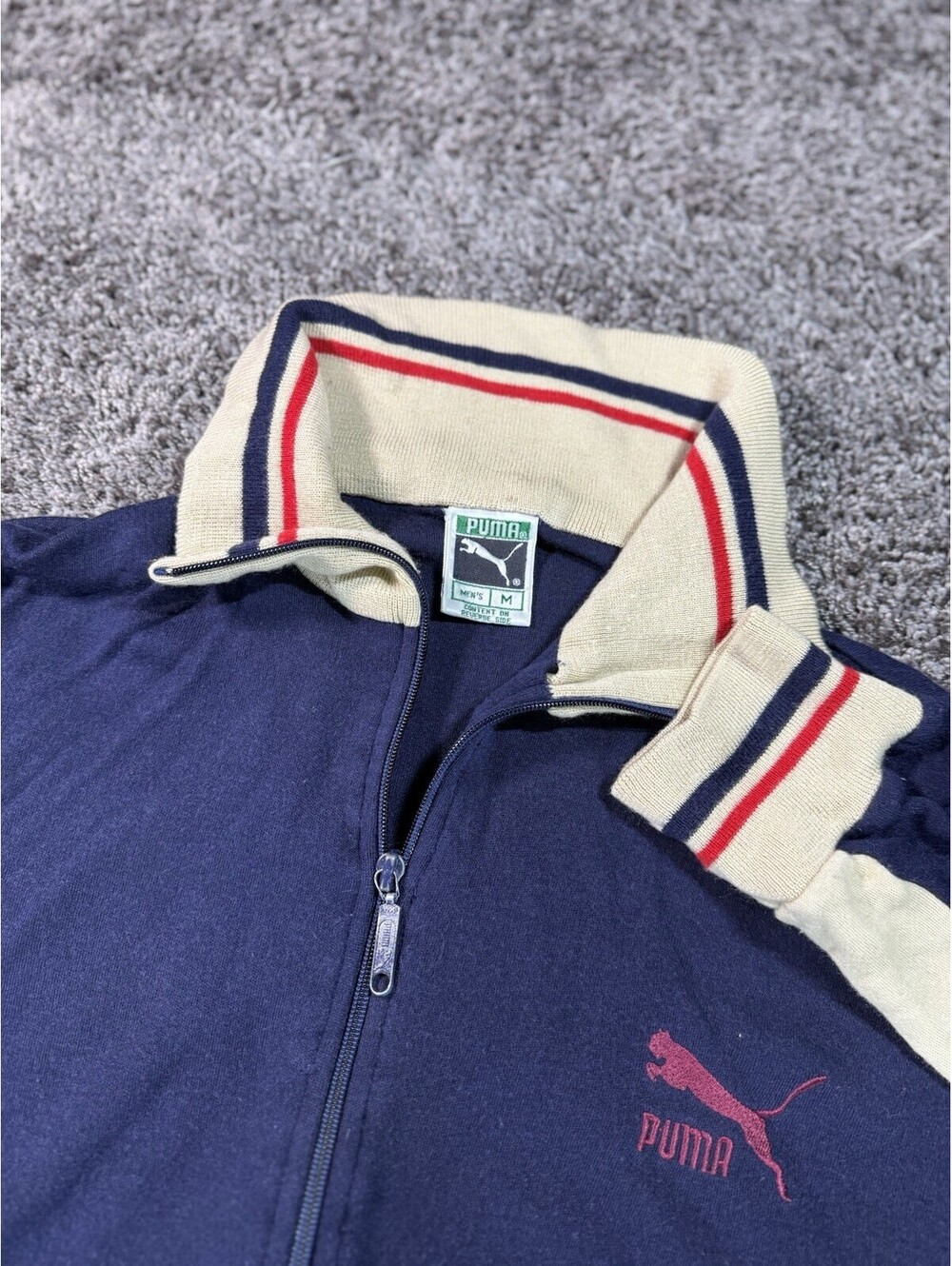 Vintage 1970 Puma Acrylic Track Jacket Navy/Cream Medium